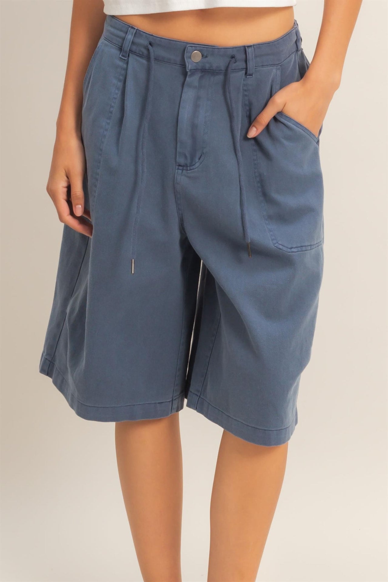 Navy jorts front detail with drawstring waist