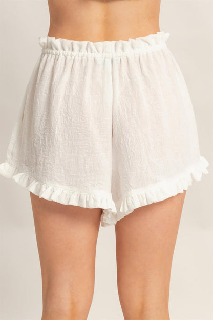 White Ruffle-Hem Drawstring Shorts — back view